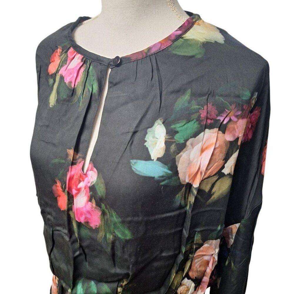 Finley Wrap Belt Dress Black Floral Long Sleeve Lightweight Women Small Tie Wais - Picture 3 of 12